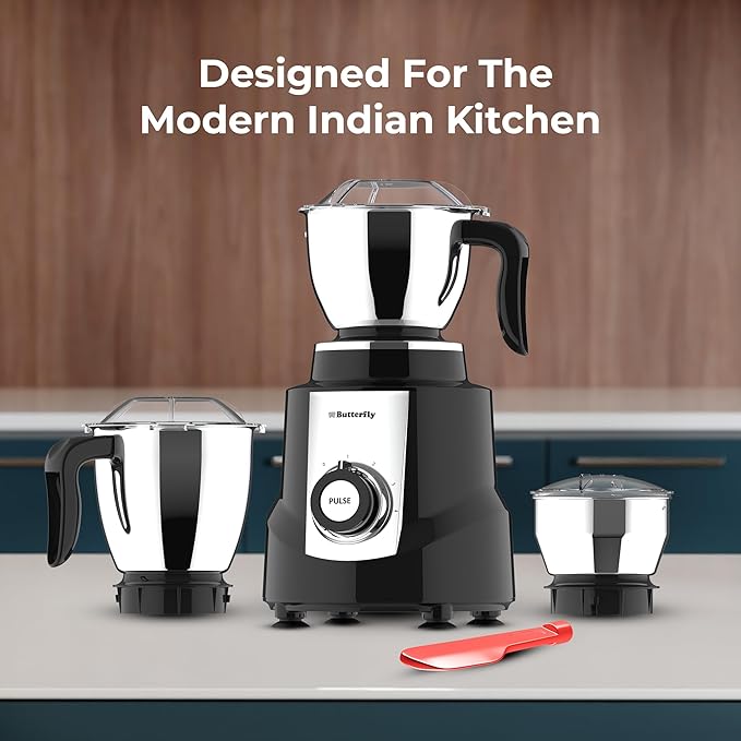 Butterfly Magnum 1.2 HP Mixer Grinder 3 Jar | 100% Copper Motor | 3 Stainless Steel Multipurpose Jars | ABS Body | Handsfree Operation | Lifetime Motor Warranty| Black