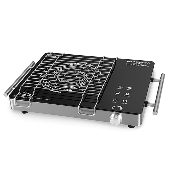 KENT Sunstar Infrared Cooktop 2000W | 3 Preset Menus | Grill Stand to BBQ & Roast | Microcrystalline Glass | Digital Functions with LED Display | Adjustable Temperature Knob | SS Handle |Auto Cut-Off