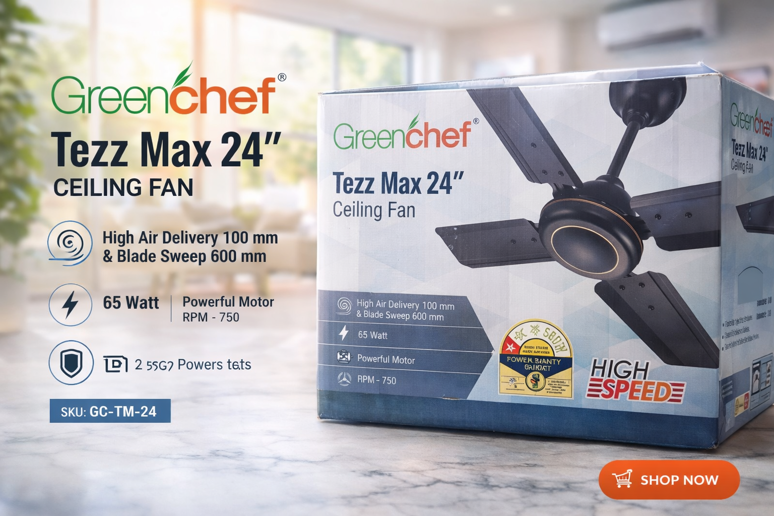 Greenchef Tezz Max 24" High-Speed Ceiling Fan (65W, Copper Motor)
