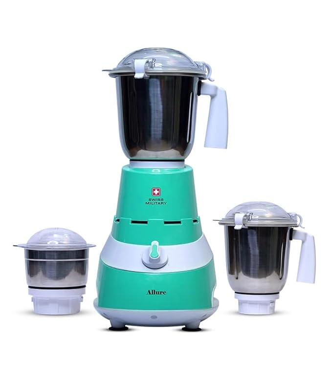 Swiss Military Allure Mixer Grinder, 3 Stainless Steel Jars, ABS body and Premium Stainless Steel Blades, Auto Power Cut, 750 Watts, 230 Volts, 50Hz, 20000 RPM Speed, Turquoise