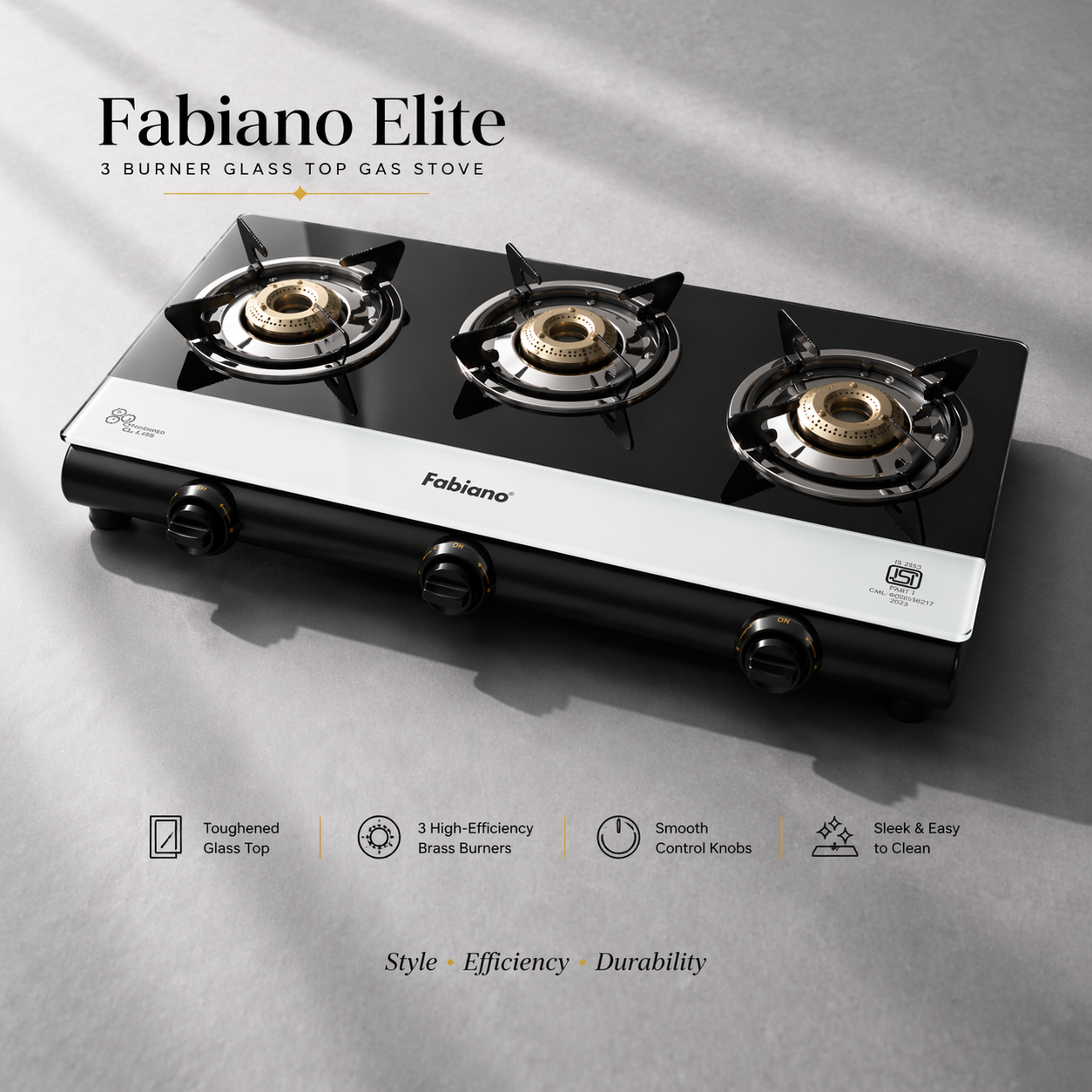Fabiano Elite Pro 3 Burner Glass Top Gas Stove