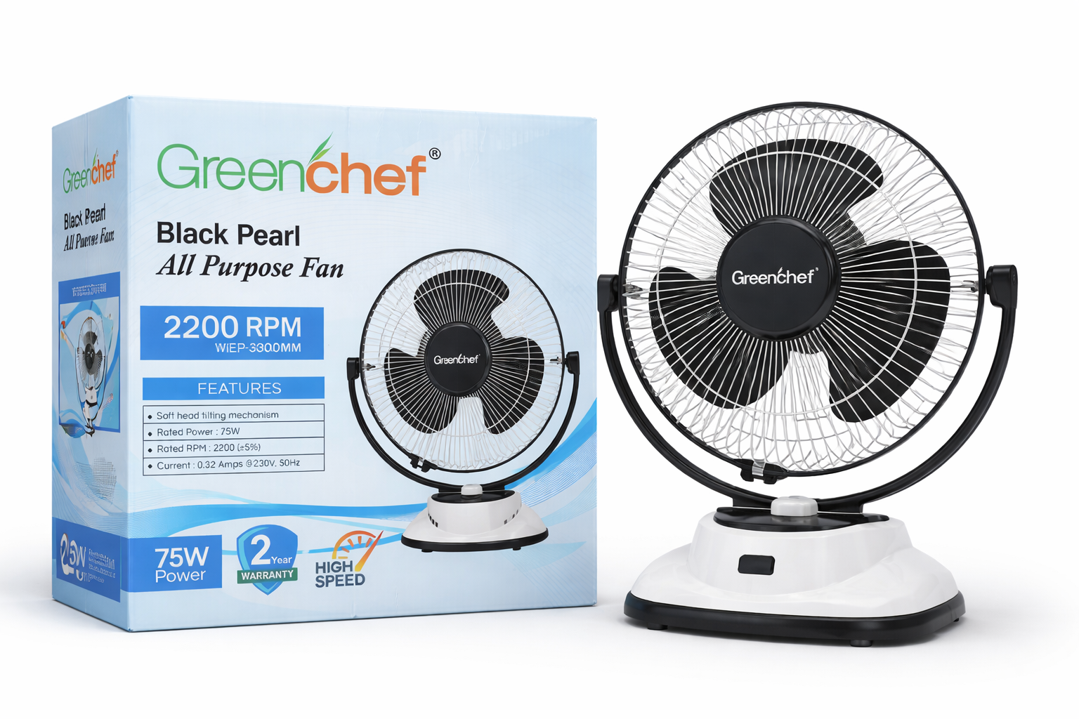Greenchef Black Pearl High-Speed All Purpose Fan (300mm, 2200 RPM, 75W)
